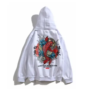 Fish Chinese Letter Printed Hooded Pullover Sweatshirt