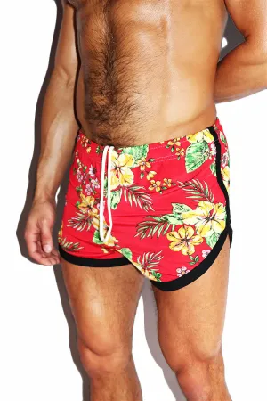 Kauai Floral Running Shorts- Red