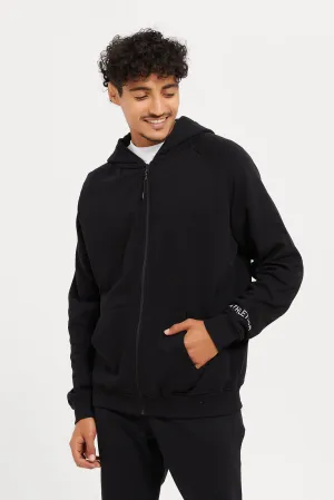 Men Black Plain Zip Through Hooded Sweatshirt