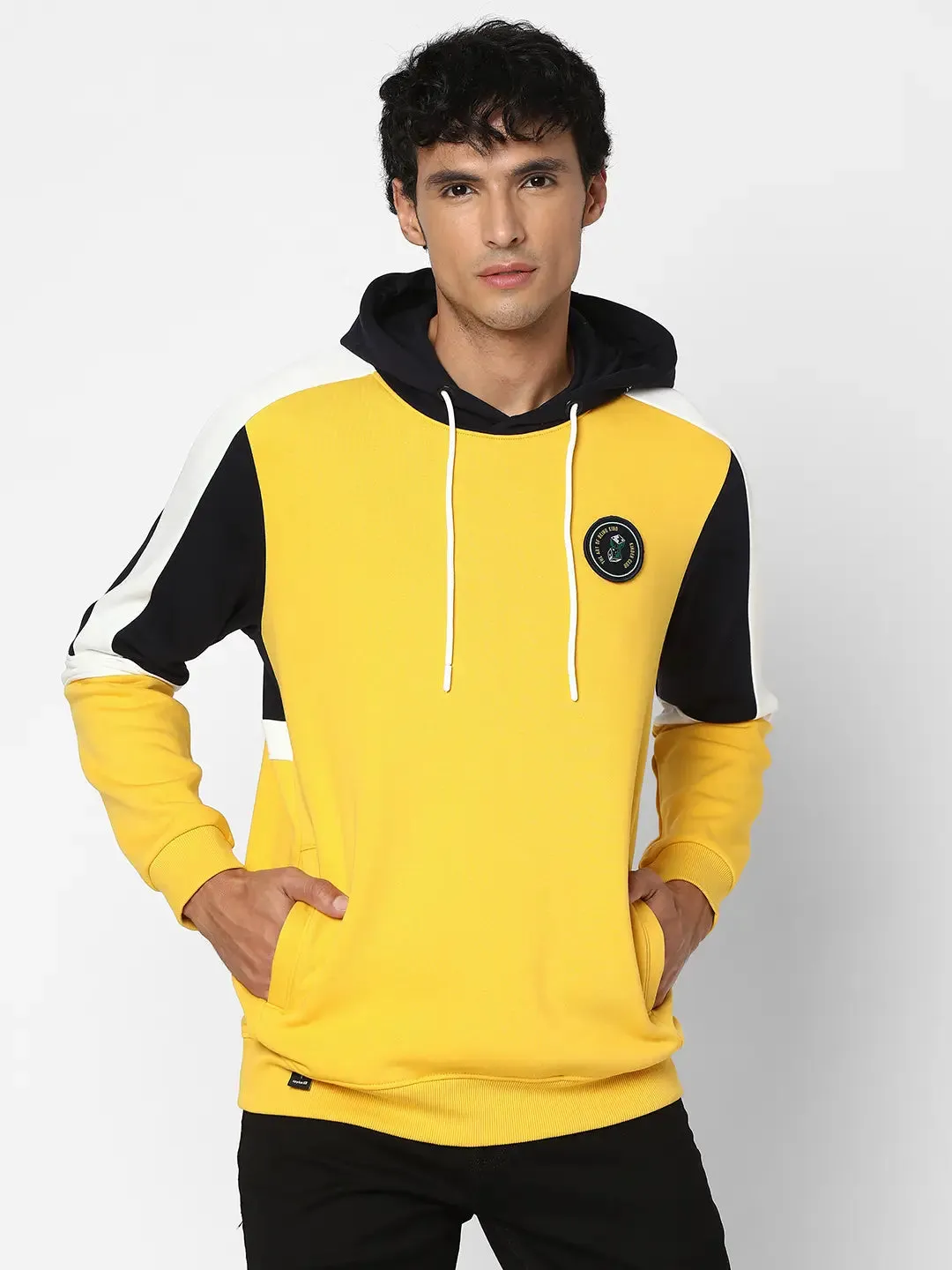 Spykar Men Chrome Yellow Blended Regular Fit Full Sleeve Hooded Printed Casual Sweatshirt