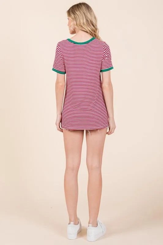 Stripe Ribbed T Shirt with Contrast Binding