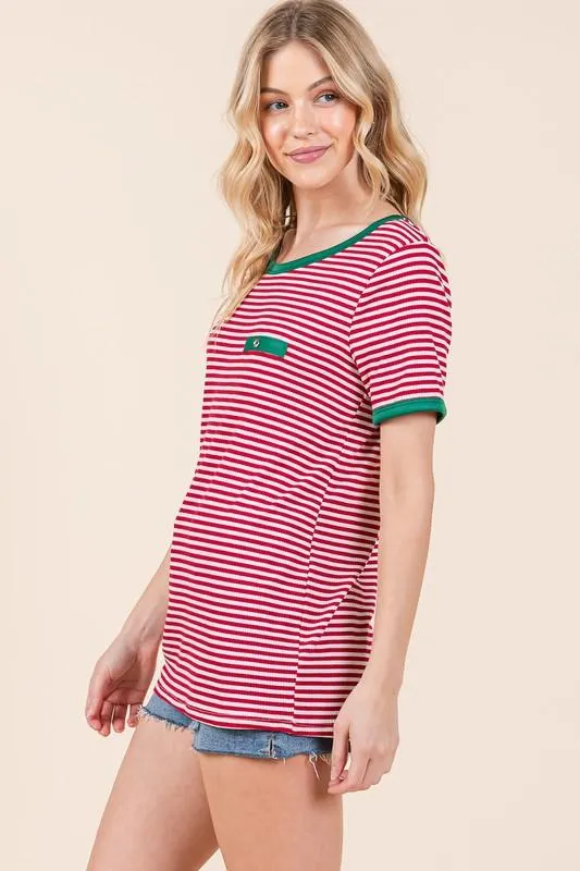 Stripe Ribbed T Shirt with Contrast Binding