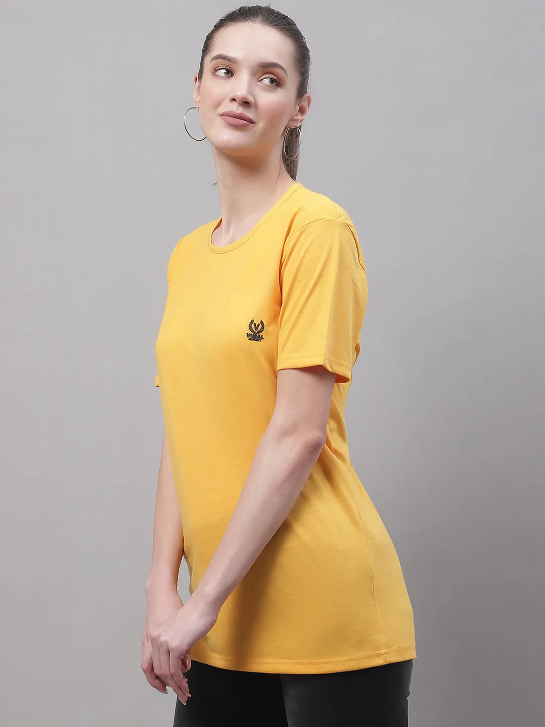 Vimal Jonney Round Neck Cotton Solid Yellow T-Shirt for Women